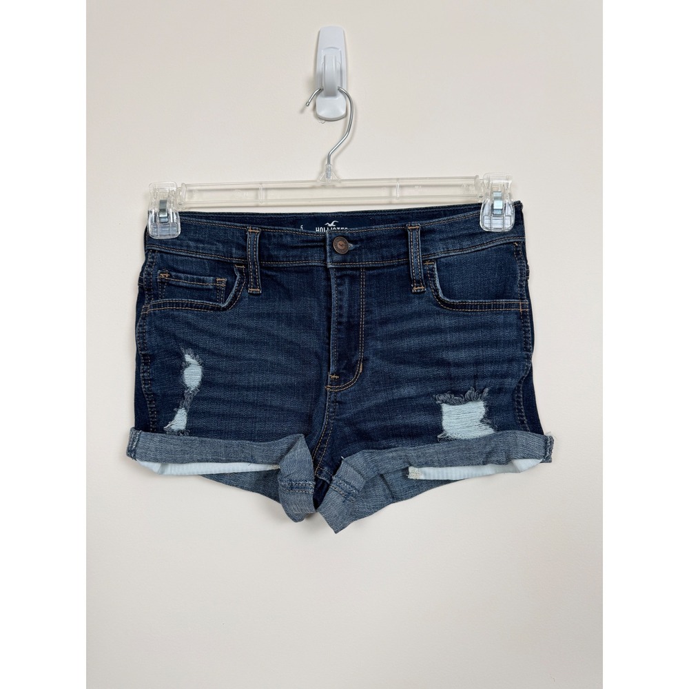 Hollister Denim Shorts Juniors 5 W27‎ Dark Wash Distressed Cuffed Mid Rise 3"